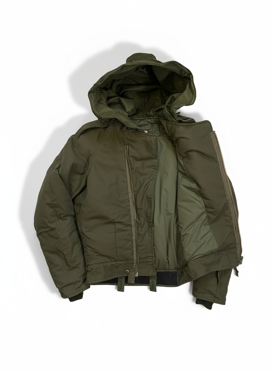 Folded green jacket on a white background