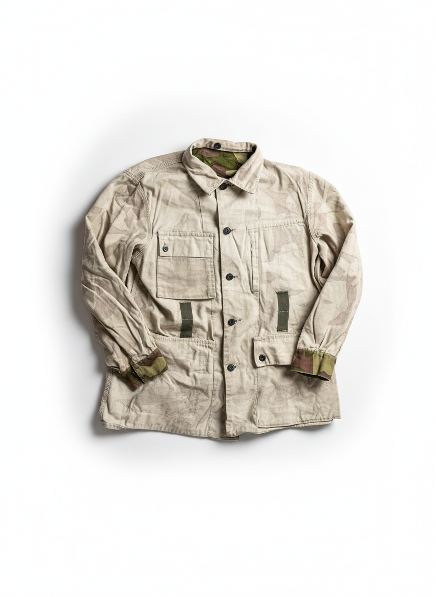 Beige military-style shirt with camouflage accents on a white background